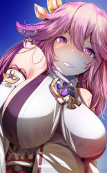 Rule 34 | 1girl, bad id, bad twitter id, blue background, breasts, detached sleeves, fumihiko (fu mihi ko), genshin impact, gradient background, hair ornament, highres, japanese clothes, large breasts, long hair, looking at viewer, miko, parted lips, pink eyes, pink hair, priestess, solo, upper body, yae miko