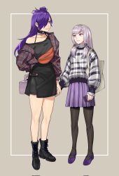 Rule 34 | 2girls, adapted costume, casual, contemporary, couple, fire emblem, fire emblem: three houses, fire emblem warriors: three hopes, full body, hair over one eye, highres, looking at another, lysithea von ordelia, multiple girls, nintendo, pantyhose, purple hair, radiostarkiller, shez (female) (fire emblem), shez (fire emblem), skirt, smile, standing, yuri