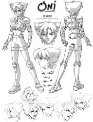 Rule 34 | 1girl, body armor, bodysuit, breasts, character chart, character sheet, chart, full body, greyscale, jpeg artifacts, konoko (oni), lorraine reyes mclees, monochrome, multiple views, oni (game), portrait, profile, sketch, small breasts, text background, turnaround
