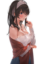 Rule 34 | 1girl, absurdres, ameyame, bare shoulders, black hair, blue eyes, blush, breasts, cleavage, commentary request, empty eyes, hairband, highres, idolmaster, idolmaster cinderella girls, idolmaster cinderella girls starlight stage, jewelry, large breasts, long hair, long sleeves, necklace, off-shoulder, off-shoulder sweater, off shoulder, parted lips, pendant, ribbed sweater, sagisawa fumika, shawl, sidelocks, simple background, solo, sweat, sweater, white background