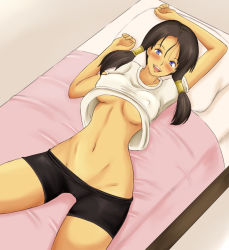 Rule 34 | 1girl, bed, bike shorts, black hair, blue eyes, blush, breasts, clothes lift, dragon ball, dragonball z, female focus, happy, highres, looking at viewer, momo 765, navel, pillow, shirt lift, smile, solo, twintails, videl