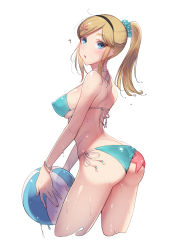 Rule 34 | 1girl, ?, ass, ball, beachball, bikini, blonde hair, blue bikini, blush, breasts, copyright request, covered erect nipples, cropped legs, from behind, hair ornament, hair scrunchie, highres, large breasts, looking at viewer, parted lips, perky breasts, ponytail, scrunchie, side-tie bikini bottom, simple background, solo, starfish, swimsuit, wet, white background, z-ton