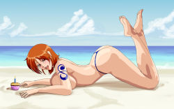Rule 34 | 1girl, ass, blush, breasts, brown eyes, cleavage, cowboy shot, highres, hip focus, huge ass, huge breasts, legs, looking to the side, nami (one piece), narrow waist, nude, one piece, open mouth, orange hair, simple background, solo, sweat, tattoo, teeth, thighs, tongue, wbd