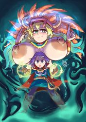Rule 34 | age difference, aztec, blonde hair, boots, breast rest, breasts, breasts on head, colored skin, cosplay, doctor strange (series), dragon, horn, huge breasts, kobayashi-san chi no maidragon, lucoa (maidragon), magatsuchi shouta, magic, marvel, nipples, parody, rimpinvaca, smile, topless, white skin