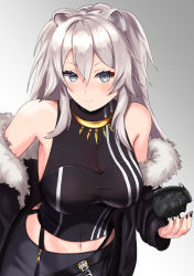 Rule 34 | 1girl, absurdres, animal ears, black jacket, black nails, black skirt, blush, breasts, cleavage, explosive, fur trim, grenade, grey eyes, grey hair, highres, hololive, huge filesize, jacket, lam b, large breasts, lion ears, lion girl, looking to the side, looking up, nail polish, navel, see-through, see-through cleavage, shishiro botan, shishiro botan (1st costume), sidelocks, skirt, smile, solo, twintails, v-shaped eyebrows, virtual youtuber
