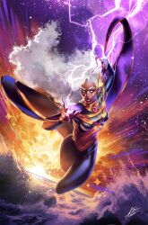 1girl artist_name cloud comic_cover commentary dark-skinned_female dark_skin earrings english_commentary flying highres jewelry lightning lightning_bolt_earrings lightning_bolt_symbol marvel official_art ororo_munroe signature solo storm storm_(x-men) superhero_costume tintanega very_dark_skin western_comics_(style) x-men