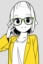 Rule 34 | 1girl, adjusting eyewear, alternate hairstyle, arm at side, bespectacled, casual, closed mouth, collarbone, commentary request, split mouth, dot nose, forehead, glasses, green-framed eyewear, grey background, hand up, highres, hitoribocchi no marumaru seikatsu, jacket, katsuwo (cr66g), long sleeves, looking at viewer, mole, mole under eye, open clothes, open jacket, partially colored, short hair, simple background, smile, solo, sunao nako, upper body, yellow jacket