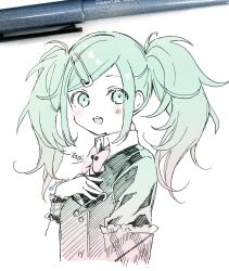 Rule 34 | 1girl, art tools in frame, black jacket, bow, collared shirt, cropped torso, from side, gradient hair, green eyes, green hair, hand up, hatsune miku, highres, jacket, leo/need (project sekai), leo/need miku, long hair, looking at viewer, looking to the side, multicolored hair, paperclip hair ornament, photo (medium), project sekai, red bow, red hair, safety pin, shirt, signature, sofra, solo, swept bangs, traditional media, twintails, twitter username, upper body, vocaloid, white shirt, wrist cuffs