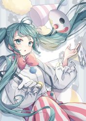 Rule 34 | 1girl, absurdres, ball, blue eyes, blue hair, blush, bow, bowtie, clown mask, floating hair, frilled sleeves, frills, gloves, hat, hatsune miku, highres, karakuri pierrot (vocaloid), long hair, mask, nagitofuu, pants, parted lips, party hat, pom pom (clothes), single glove, solo, string of flags, striped clothes, striped pants, suspenders, traditional bowtie, twintails, unworn gloves, vertical-striped clothes, vertical-striped pants, very long hair, vocaloid