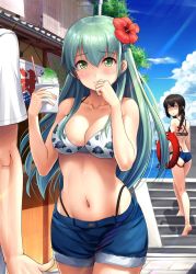 Rule 34 | 1boy, 2girls, admiral (kancolle), aqua hair, ass, bad id, bad twitter id, bare shoulders, barefoot, bikini, black bikini, black eyes, black hair, blue bikini, blue sky, blush, braid, breasts, butt crack, cleavage, cloud, collarbone, cup, day, denim, denim shorts, embarrassed, enemy lifebuoy (kancolle), floral print, flower, food, green eyes, hair between eyes, hair flower, hair ornament, hair ribbon, hairclip, hand up, hibiscus, highleg, highleg bikini, highres, holding, holding cup, ichikawa feesu, isonami (kancolle), kantai collection, large breasts, long hair, looking at viewer, multiple girls, navel, outdoors, ribbon, shaved ice, shorts, sidelocks, sky, stomach, suzuya (kancolle), swimsuit, twin braids