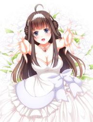 Rule 34 | 10s, 1girl, bare shoulders, blue eyes, breasts, brown hair, cleavage, double bun, dress, flower, hair bun, hairband, heart, heart-shaped lock, heart necklace, jewelry, kantai collection, kongou (kancolle), large breasts, lock, long hair, necklace, nontraditional miko, open mouth, personification, reaching, reaching towards viewer, rose, smile, solo, sotogawa max, wedding dress, white flower, white rose