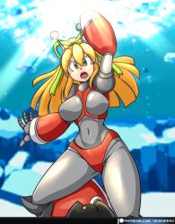 antennae armor armored_boots armored_gloves bikini_armor blonde_hair boots breasts green_eyes green_ribbon hair_between_eyes highres hyper_roll_(marvel_vs._capcom) knee_boots large_breasts long_hair marvel_vs._capcom mega_man_(series) ponytail radio_antenna ribbon roll_(mega_man) shoulder_armor