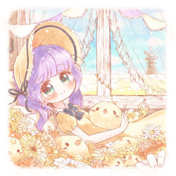 Rule 34 | 1girl, aqua eyes, bird, black bow, black bowtie, blush, bonnet, bow, bowtie, chick, commentary request, curtains, dress, flower, frilled curtains, highres, looking at viewer, lying, mochi hiyoko, mochipro, neko satou, on back, purple hair, short sleeves, smile, solo, string of flags, transparent, twintails, virtual youtuber, windmill, window, yellow dress