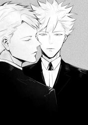 Rule 34 | 2boys, closed eyes, formal, grey background, greyscale, highres, id :invaded, male focus, momoki funetaro, monochrome, multiple boys, narihisago akihito, p ppp (doubledash bank), spiked hair, suit, upper body