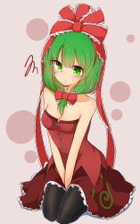 Rule 34 | 1girl, absurdres, adapted costume, black pantyhose, bow, breasts, cleavage, collarbone, frilled bow, frilled skirt, frills, front ponytail, green eyes, green hair, highres, inon, kagiyama hina, looking at viewer, medium hair, pantyhose, red bow, red skirt, seiza, sitting, skirt, small breasts, touhou