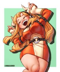 Rule 34 | 1girl, belt, blonde hair, boku no hero academia, breasts, colorized, closed eyes, from below, highres, horikoshi kouhei, horns, long hair, medium breasts, open mouth, smile, solo, thighs, tsunotori pony