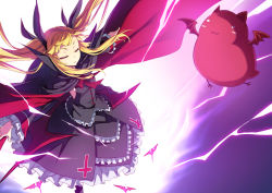 Rule 34 | 1girl, blazblue, blonde hair, cape, closed eyes, gii, gothic lolita, hair ribbon, lolita fashion, outstretched arms, rachel alucard, ribbon, shingo (missing link), spread arms, twintails