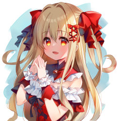 Rule 34 | 1girl, :d, blonde hair, blush, bow, breasts, commentary request, dress, frilled dress, frills, hair between eyes, hair bow, hair intakes, hands up, highres, leoria (red corruption), long hair, looking at viewer, medium breasts, meito (maze), off-shoulder dress, off shoulder, open mouth, red bow, red corruption, red dress, red eyes, smile, solo, steepled fingers, two side up, upper body, very long hair, wrist cuffs