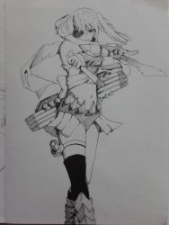 Rule 34 | alternate costume, dark persona, fangs, fingerless gloves, gloves, greyscale, hazardvirus, highres, holding, holding weapon, horns, kantai collection, looking at viewer, mask, monochrome, scarf, sendai (kancolle), single horn, sketch, skirt, smile, solo, torn clothes, torn scarf, torpedo, turret, two side up, weapon