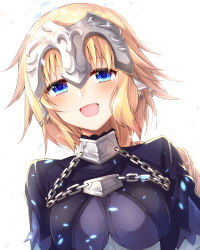 Rule 34 | 1girl, 40 (0f0urw), :d, absurdres, blonde hair, blue eyes, blush, braid, breasts, chain, fate/apocrypha, fate (series), headpiece, highres, jeanne d&#039;arc (fate), jeanne d&#039;arc (ruler) (fate), long hair, medium breasts, open mouth, simple background, single braid, smile, solo, upper body, white background