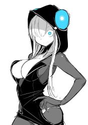 Rule 34 | 1girl, blue eyes, breasts, center opening, cleavage, constricted pupils, dress, electro emilia, hair over eyes, hair over one eye, hand on own hip, hood, ken (koala), large breasts, long hair, looking at viewer, monochrome, original, panties, short dress, simple background, sketch, skin tight, smile, solo, spot color, underwear, white background