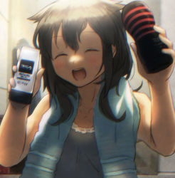 Rule 34 | 1girl, alternate costume, alternate hairstyle, artificial vagina, black hair, blue towel, ergot, closed eyes, grey tank top, hair flaps, kantai collection, long hair, lotion, open mouth, sex toy, shigure (kancolle), shigure kai ni (kancolle), smile, solo, tank top, tenga, towel, towel around neck