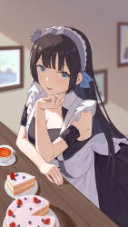 Rule 34 | 1girl, absurdres, apron, arm rest, azur lane, black hair, cake, cake slice, cup, food, frilled apron, frills, hairband, hand on own chin, head rest, highres, lace-trimmed hairband, lace trim, long hair, looking at viewer, maid, maid apron, maid headdress, newcastle (azur lane), newcastle (retrofit) (azur lane), ping zhong yu, smile, solo, teacup, white apron