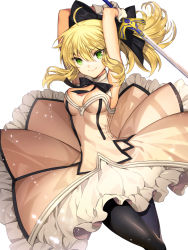 Rule 34 | 1girl, ahoge, armpits, arms up, artoria pendragon (all), artoria pendragon (fate), bad id, bad pixiv id, black bow, black pantyhose, black ribbon, blonde hair, bow, breasts, caliburn (fate), choker, circle skirt, cleavage, dress, ells, excalibur (fate/stay night), fate/unlimited codes, fate (series), floating hair, gloves, green eyes, hair between eyes, hair bow, holding, holding sword, holding weapon, long hair, medium breasts, neck ribbon, pantyhose, ponytail, ribbon, saber lily, shiny clothes, sideboob, sleeveless, sleeveless dress, smile, solo, strapless, strapless dress, sword, weapon, white dress, white gloves