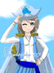Rule 34 | 1girl, aqua hat, aqua skirt, aqua vest, artist name, artist request, blue eyes, blue sky, blurry, blurry background, blush, cloud, collarbone, female focus, grey hair, hat, highres, light brown hair, looking at viewer, love live!, love live! sunshine!!, one eye closed, outdoors, parted lips, pirate, pirate hat, shirt, short hair, skirt, sky, smile, solo, sword, undershirt, watanabe you, weapon, white shirt, zoa555