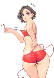Rule 34 | 1girl, ass, bra, breasts, brown eyes, brown hair, carina (xiaowoo), character name, commentary request, earrings, eyeshadow, from behind, heart, highres, jewelry, kishi mieko, lipstick, makeup, onna shunin kishi mieko, panties, pink lips, red bra, red panties, short hair, simple background, small breasts, solo, standing, thigh gap, twisted torso, underwear, unraveling, wavy hair, white background, yarn