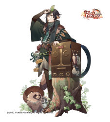 Rule 34 | 1boy, belt, black hair, box, brown hair, company name, copyright name, food fantasy, full body, gloves, highres, holding, holding leaf, jar, leaf, male focus, multicolored hair, official art, partially fingerless gloves, raccoon tail, rezia, solo, standing, tail, tanuki, tanuki soba, tree stump, two-tone hair, wide sleeves, yellow eyes