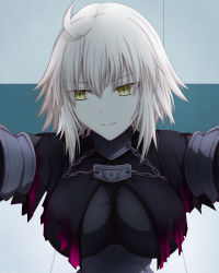 Rule 34 | 1girl, ahoge, black cape, blonde hair, blush, breasts, cape, chain, embarrassed, fate/grand order, fate (series), feather trim, feathered cape, fur trim, hasebe akira, highres, jeanne d&#039;arc (fate), jeanne d&#039;arc alter (avenger) (fate), jeanne d&#039;arc alter (fate), kabedon, looking to the side, medium breasts, short hair, solo, upper body, yellow eyes