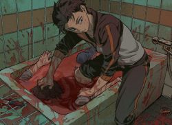 Rule 34 | 2boys, asphyxiation, bathtub, blood, blood on hands, bloody knife, brown hair, commentary request, drowning, hand on another&#039;s head, highres, indoors, iwamushi, jacket, knife, looking to the side, male focus, multiple boys, natsuki subaru, pants, pants rolled up, parted lips, re:zero kara hajimeru isekai seikatsu, short hair, tile wall, tiles, wading