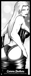 Rule 34 | 1girl, ass, blonde hair, breasts, carrerabrothers, devil may cry, devil may cry (series), devil may cry 4, highres, large breasts, long hair, looking back, monochrome, naughty face, panties, trish (devil may cry), underwear, undressing