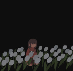 Rule 34 | 1girl, arms at sides, black background, braid, brown hair, brown skirt, closed eyes, closed mouth, commentary request, expressionless, facing ahead, field, flower, flower field, fucca, grey socks, hair over shoulder, highres, kneehighs, kneeling, long hair, long sleeves, low twin braids, madotsuki, print sweater, red sweater, simple background, skirt, socks, solo, sweater, tulip, twin braids, white flower, white tulip, yume nikki