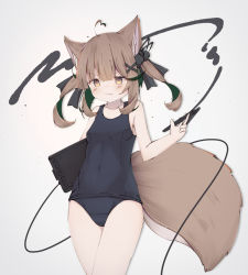 Rule 34 | 1girl, ahoge, animal ear fluff, animal ears, bad id, bad pixiv id, bare arms, bare shoulders, black one-piece swimsuit, blush, brown eyes, brown hair, closed mouth, collarbone, commentary request, covered navel, drawing tablet, fang, fang out, fox ears, fox girl, fox tail, green hair, grey background, heart, heart ahoge, holding, holding drawing tablet, holding stylus, looking at viewer, multicolored hair, old school swimsuit, one-piece swimsuit, original, risu (ritharte), school swimsuit, simple background, solo, stylus, swimsuit, tail, twintails, two-tone hair