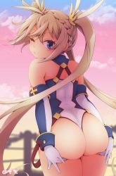 Rule 34 | 1girl, ass, ass grab, ass support, back, blonde hair, blowing kiss, blue eyes, blurry, bradamante (fate), bradamante (first ascension) (fate), braid, breasts, cloud, colored eyelashes, depth of field, deto, elbow gloves, eyelashes, fate/grand order, fate (series), french braid, from behind, gloves, hair ornament, hands on ass, highres, leotard, long hair, looking at viewer, looking back, medium breasts, one eye closed, puckered lips, sideboob, solo, teasing, thong leotard, twintails, very long hair
