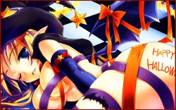 Rule 34 | 1girl, ass, breasts, cleavage, covered erect nipples, halloween, happy halloween, highres, large breasts, naked ribbon, nekou izuru, one eye closed, pointy ears, ribbon, solo, source request, star (symbol), wings, wink