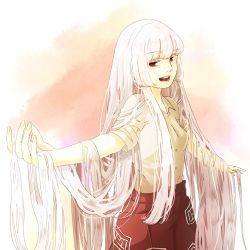 Rule 34 | 1girl, fujiwara no mokou, half-closed eyes, long hair, lowres, mokoiscat, no hair bow, outstretched arms, red eyes, solo, torn clothes, torn sleeves, touhou, very long hair, white hair