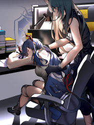 Rule 34 | 2girls, adjusting another&#039;s clothes, aniao ya, arknights, black footwear, black gloves, black pants, black shirt, black shorts, blue hair, blue jacket, book, book stack, boots, breasts, ch&#039;en (arknights), chair, chinese commentary, closed eyes, collared shirt, commentary request, desk, dragon horns, dragon tail, eyelashes, full body, gloves, green hair, highres, horns, hoshiguma (arknights), indoors, jacket, jacket on shoulders, knee boots, lamp, lips, long hair, looking at another, medium breasts, multiple girls, office, office chair, pants, paper, parted lips, partial commentary, shirt, short shorts, shorts, single horn, sitting, skin-covered horns, sleeping, sleeveless, sleeveless shirt, standing, straight hair, swivel chair, tail, thighs, turtleneck, twintails, white shirt, yellow eyes
