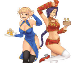 Rule 34 | 2girls, arm up, bad id, bad pixiv id, black legwear, blonde hair, blue dress, boku no hero academia, breasts, chikujouin magane, china dress, chinese clothes, cleavage cutout, clothing cutout, commentary, crop top, crossover, culton, detached sleeves, double bun, dress, earrings, food, hair bun, hair over one eye, half-closed eye, hand up, heart cutout, high heels, holding, holding plate, jewelry, large breasts, long hair, looking at viewer, messy hair, multiple girls, navel, open mouth, pelvic curtain, plate, purple hair, re:creators, red footwear, ring, sharp teeth, short shorts, shorts, simple background, sleeveless, sleeveless dress, smile, standing, standing on one leg, teeth, thighhighs, thighs, toga himiko, trait connection, white background, white legwear, yellow eyes