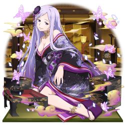 Rule 34 | 1girl, animal print, black kimono, breasts, butterfly print, choker, cleavage, collarbone, floral print, full body, grin, half-closed eyes, highres, japanese clothes, kimono, long hair, long sleeves, looking at viewer, medium breasts, off shoulder, official art, okobo, parted bangs, platform clogs, print kimono, purple eyes, quinella, sandals, silver hair, sitting, smile, solo, sword art online, sword art online: memory defrag, transparent background, very long hair, wide sleeves