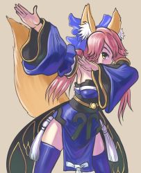 Rule 34 | 10s, 1girl, animal ears, bare shoulders, blue dress, blue ribbon, blue thighhighs, breasts, cleavage, dab (dance), detached sleeves, dress, fate/extra, fate (series), fox ears, fox girl, fox tail, highres, japanese clothes, kimono, long hair, long sleeves, pink hair, profitshame, ribbon, simple background, solo, tail, tamamo (fate), tamamo no mae (fate/extra), thighhighs, thighs, twintails, yellow eyes