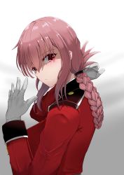 Rule 34 | 1girl, absurdres, blush, braid, braided ponytail, breasts, closed mouth, commentary request, fate/grand order, fate (series), florence nightingale (fate), from side, gloves, hasunuma, highres, large breasts, long hair, looking at viewer, military, military uniform, pink hair, red eyes, solo, uniform, white gloves