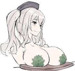 Rule 34 | 10s, 1girl, bad id, bad twitter id, blush, breast rest, breasts, breasts on tray, commentary request, female focus, hat, inactive account, kantai collection, kashima (kancolle), large breasts, leaf, leaf bra, pun, silver hair, solo, topless, translation request, twintails, white background, yamaioni (sasakama)