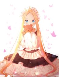 Rule 34 | 1girl, abigail williams (fate), abigail williams (festival outfit) (fate), bad id, bad pixiv id, black dress, blonde hair, blue eyes, blush, braid, bug, butterfly, butterfly hair ornament, commentary request, covered mouth, dress, fate/grand order, fate (series), forehead, hair ornament, heroic spirit festival outfit, highres, holding, holding stuffed toy, insect, long hair, long sleeves, looking at viewer, nasii, official alternate costume, parted bangs, revision, shirt, sidelocks, sitting, sleeves past fingers, sleeves past wrists, solo, stuffed animal, stuffed toy, teddy bear, very long hair, white background, white shirt
