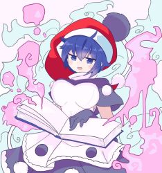 Rule 34 | 1girl, black capelet, black dress, black gloves, blob, blue eyes, blue hair, blush, blush stickers, book, breasts, capelet, commentary request, doremy sweet, dream soul, dress, gloves, hat, holding, holding book, large breasts, layered dress, open mouth, pom pom (clothes), red hat, santa hat, short hair, short sleeves, sidelocks, smoke, solo, standing, tail, tapir tail, tatutaniyuuto, touhou, turtleneck, upper body, white dress