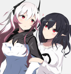 Rule 34 | 2girls, arknights, arm hug, black hair, blush, closure (arknights), collarbone, commentary request, demon horns, grey background, hair between eyes, highres, horns, long hair, long sleeves, looking at another, multicolored hair, multiple girls, open mouth, pink hair, pointy ears, raifu (rf), red eyes, shirt, smile, theresa (arknights), upper body, white hair, white shirt