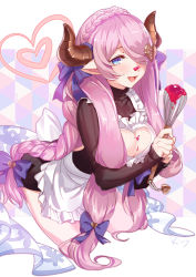 Rule 34 | 1girl, aki663, apron, blue eyes, blush, bow, braid, breasts, cleavage, cleavage cutout, clothing cutout, frilled apron, frills, granblue fantasy, hair bow, hair ornament, hair over one eye, heart, heart cutout, holding, horn bow, horn ornament, kneeling, large breasts, long hair, looking at viewer, narmaya (granblue fantasy), narmaya (valentine) (granblue fantasy), pink hair, pointy ears, ribbed sweater, solo, sweater, turtleneck, turtleneck sweater, whisk