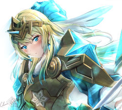 Rule 34 | 1girl, absurdres, aqua hair, armor, blonde hair, breastplate, clear glass (mildmild1311), cowboy shot, crest, family crest, fire emblem, fire emblem heroes, fjorm (fire emblem), gold armor, highres, long hair, looking at viewer, multicolored hair, nintendo, official alternate costume, puffy sleeves, shoulder armor, solo, tiara, watermark